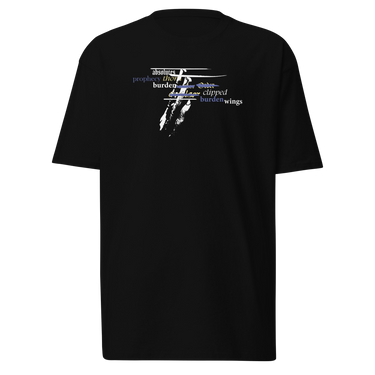 Front view of a solid-colored, shirt. The chest features a collage graphic with a textured, high-contrast vertical shape at its center. This is layered with multiple words in various fonts, such as "absolutes" and "burden," which are crossed by thin horizontal lines.