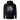 Back view of an hoodie in black. A detailed blue-toned flower with soft gradients of indigo, slate blue, and muted lavender. Overlaid on the flower is stacked text reading “DO YOU REMEMBER / STEP FORTH INTO THESE GENTLE FLAMES / I AM YOUR MEMORY.” Behind the flower, abstract vertical line shapes in a muted bluish-purple create depth and contrast without overpowering the main illustration.