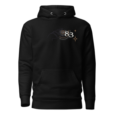 Back view of a solid-colored hoodie. A large, symmetrical graphic is centered on the upper back. It features the text "PURSUITS end" integrated with a large, ornate, star-like emblem. Below are two fine-line illustrations of hands, one holding a key and the other a lock.