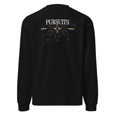 Back view of a solid-colored longsleeve. A large, symmetrical graphic is centered on the upper back. It features the text "PURSUITS end" integrated with a large, ornate, star-like emblem. Below are two fine-line illustrations of hands, one holding a key and the other a lock.