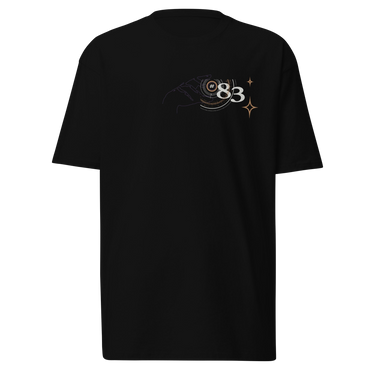 Back view of a solid-colored shirt. A large, symmetrical graphic is centered on the upper back. It features the text "PURSUITS end" integrated with a large, ornate, star-like emblem. Below are two fine-line illustrations of hands, one holding a key and the other a lock.