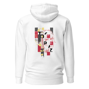 Back view of a solid-colored hoodie. A large graphic on the upper back features a line-art portrait of the character Topaz from Honkai: Star Rail. The design is layered with the vertical text "TOPAZ" and a background of abstract bars and shapes.