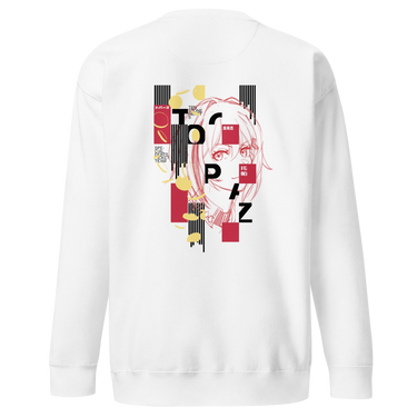 Back view of a solid-colored sweatshirt. A large graphic on the upper back features a line-art portrait of the character Topaz from Honkai: Star Rail. The design is layered with the vertical text "TOPAZ" and a background of abstract bars and shapes.