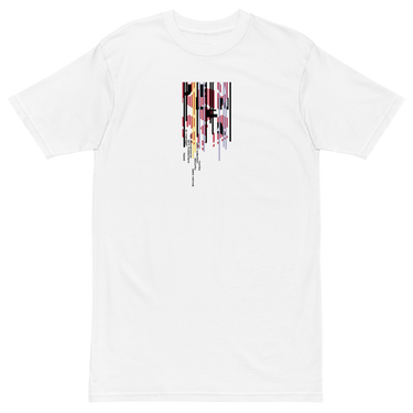 Front view of a solid-colored shirt. A vertical graphic on the chest resembles a distorted or dripping barcode, with small blocks of text integrated into the design.