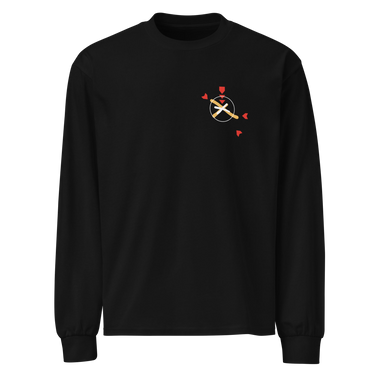 Front view of a solid-colored, longsleeve. A small graphic on the left chest features a circle containing an 'X' mark, with several small, stylized pointer shapes scattered around it, forming a type of crosshair.