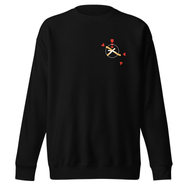 Front view of a solid-colored, sweatshirt. A small graphic on the left chest features a circle containing an 'X' mark, with several small, stylized pointer shapes scattered around it, forming a type of crosshair.