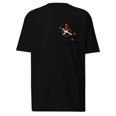 Front view of a solid-colored, shirt. A small graphic on the left chest features a circle containing an 'X' mark, with several small, stylized pointer shapes scattered around it, forming a type of crosshair.