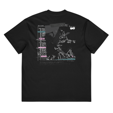 Back view of a box tee in Black. A large collaged graphic fills the back: a ruled record card labelled "ONI BLOOD", "NAME" and "POSITION AND RANK" in small white capitals, its name line filled in with pink Japanese characters over a faint column of typewritten Latin plant names struck through with pink and teal highlighter bars. Beside it, an expressive white line drawing of a figure with a long bladed polearm sits over halftone shading and translucent dark panels.