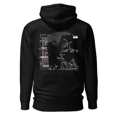 Back view of a hoodie in Black. A large collaged graphic fills the back: a ruled record card labelled "ONI BLOOD", "NAME" and "POSITION AND RANK" in small white capitals, its name line filled in with pink Japanese characters over a faint column of typewritten Latin plant names struck through with pink and teal highlighter bars. Beside it, an expressive white line drawing of a figure with a long bladed polearm sits over halftone shading and translucent dark panels.