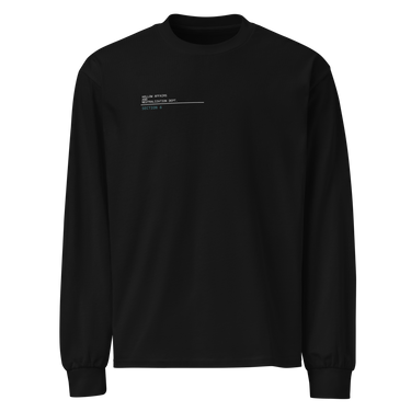 Front view of a longsleeve in Black. A small block of type sits high on the chest: three lines of white monospaced capitals reading "HOLLOW AFFAIRS AND NEUTRALIZATION DEPT." above a thin white rule, with "SECTION 6" set beneath it in muted teal.