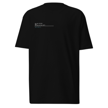 Front view of a t-shirt in Black. A small block of type sits high on the chest: three lines of white monospaced capitals reading "HOLLOW AFFAIRS AND NEUTRALIZATION DEPT." above a thin white rule, with "SECTION 6" set beneath it in muted teal.