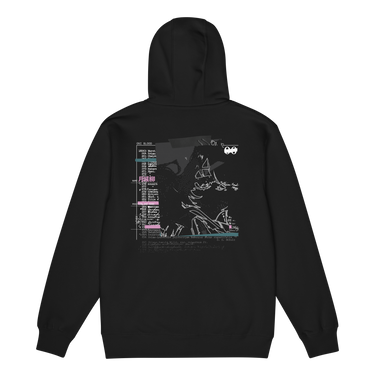 Back view of a zip hoodie in Black. A large collaged graphic fills the back: a ruled record card labelled "ONI BLOOD", "NAME" and "POSITION AND RANK" in small white capitals, its name line filled in with pink Japanese characters over a faint column of typewritten Latin plant names struck through with pink and teal highlighter bars. Beside it, an expressive white line drawing of a figure with a long bladed polearm sits over halftone shading and translucent dark panels.
