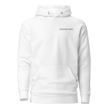 Front view of a hoodie in white. Small tonal chest lockup reading "External" above "STRATEGY DEPT." in pale blue and soft grey, set in a condensed bold sans with tiny wing and crosshair marks. A low-contrast print that sits close to the fabric.