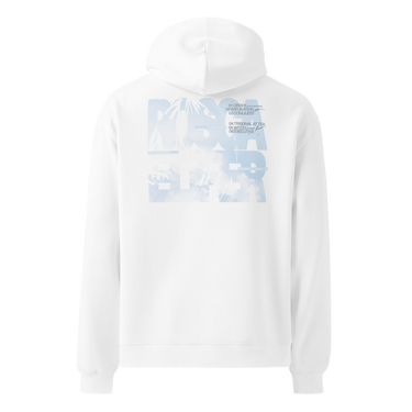 Back view of a oversized hoodie in white. Oversized stacked lettering spelling "ROSCAELIFER" fills the upper back, the letterforms knocked out of a pale blue cloudscape. A numbered index runs alongside it in small grey type, from "01 ORDER" through "06 EXECUTIVE", with fine print reading "a porcelain standard" and "case status: open". An airy, editorial, graphic-forward layout.