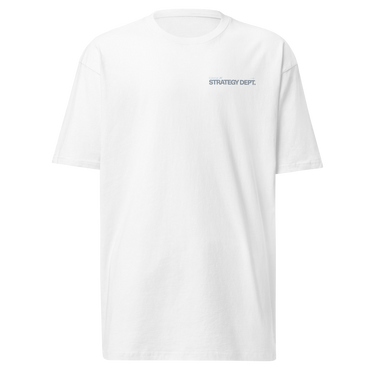 Front view of a t-shirt in white. Small tonal chest lockup reading "External" above "STRATEGY DEPT." in pale blue and soft grey, set in a condensed bold sans with tiny wing and crosshair marks. A low-contrast print that sits close to the fabric.