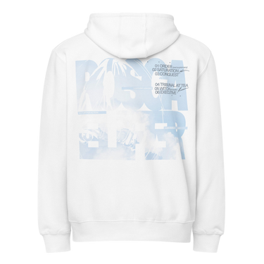 Back view of a zip hoodie in white. Oversized stacked lettering spelling "ROSCAELIFER" fills the upper back, the letterforms knocked out of a pale blue cloudscape. A numbered index runs alongside it in small grey type, from "01 ORDER" through "06 EXECUTIVE", with fine print reading "a porcelain standard" and "case status: open". An airy, editorial, graphic-forward layout.