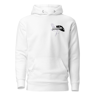 Front view of a solid-colored, hoodie. A small graphic on the left chest features a fine-line illustration of a winged creature, layered with the word "premonition" in a high-contrast, distorted font.