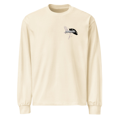 Front view of a solid-colored, longsleeve. A small graphic on the left chest features a fine-line illustration of a winged creature, layered with the word "premonition" in a high-contrast, distorted font.