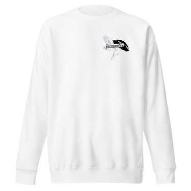 Front view of a solid-colored, sweatshirt. A small graphic on the left chest features a fine-line illustration of a winged creature, layered with the word "premonition" in a high-contrast, distorted font.