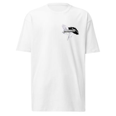 Back view of a solid-colored, shirt. A large collage graphic on the back features two high-contrast silhouettes of birds. The design is layered with large text reading "WHERE ARE YOU?", the words "Catastrophe” and “Banshee" in a script font, and various other typographic and schematic elements.