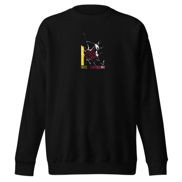 Front view of a solid-colored sweatshirt. A small graphic on the chest features a high-contrast, crystalline shape with lines radiating from it to create a shattered glass effect. The design is layered over a patterned rectangular block.