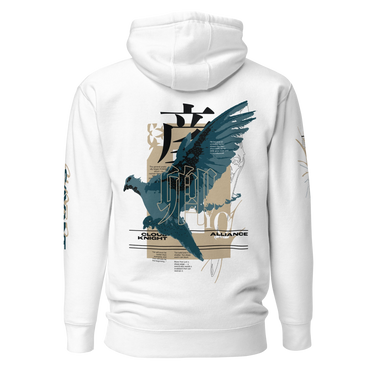 Back view of a solid-colored hoodie. A large, vertical collage graphic on the upper back features a high-contrast illustration of a bird in flight, layered with large, stylized East Asian characters and various blocks of text.