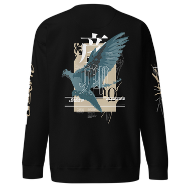 Back view of a solid-colored sweatshirt. A large, vertical collage graphic on the upper back features a high-contrast illustration of a bird in flight, layered with large, stylized East Asian characters and various blocks of text.
