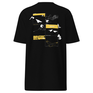 Back view of a shirt. A large collage graphic is arranged in a grid of rectangular frames. The design features multiple high-contrast silhouettes of birds in flight, a topographical map-like shape, and several small blocks of text and abstract symbols.