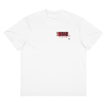 Front view of a box tee in white, flat. An off-centred chest graphic: the word 'THYME' in a large white font over a red rectangle, with red text reading "FIELD" underneath.