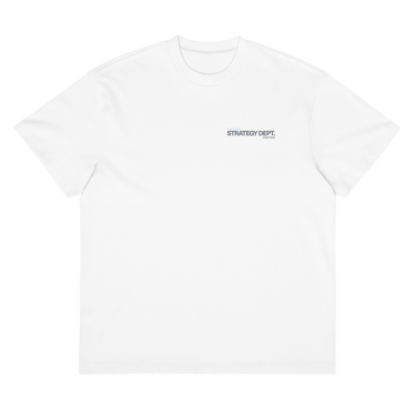 Front view of a box tee in white, flat. A small right-chest graphic in slate grey and pale blue reads 'External' above 'STRATEGY DEPT.', with 'Chief Tech' beneath, set in condensed technical type flanked by tiny aircraft glyphs.