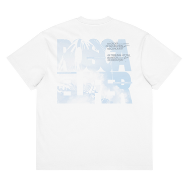 Back view of a box tee in white, flat. Oversized stacked lettering spelling "ROSCAELIFER" fills the upper back, the letterforms knocked out of a pale blue cloudscape. A numbered index runs alongside it in small grey type, from "01 ORDER" through "06 EXECUTIVE", with fine print reading "a porcelain standard" and "case status: open". An airy, editorial, graphic-forward layout.