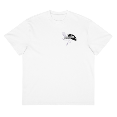Front view of a box tee in white, flat. A small graphic on the left chest features a fine-line illustration of a winged creature, layered with the word "premonition" in a high-contrast, distorted font.