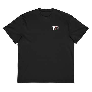 Front view of a box tee in black, flat. A small chest graphic of stylised question marks, the middle one in red.