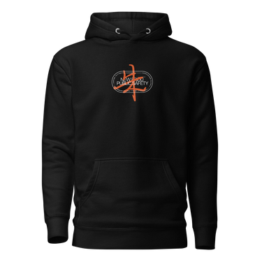 Front view of a solid-colored hoodie. A small, circular emblem is centered on the chest, featuring rings of text such as "NEW ERIDU PUBLIC SAFETY". A large, high-contrast Chinese character “Zhu” is layered over the center.