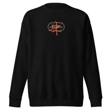 Front view of a solid-colored sweatshirt. A small, circular emblem is centered on the chest, featuring rings of text such as "NEW ERIDU PUBLIC SAFETY". A large, high-contrast Chinese character “Zhu” is layered over the center.