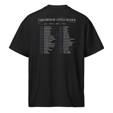 Back view of a box tee in black. A large graphic fills the upper back, laid out like a concert tour poster. A wide display serif title reads "VARIATIONS OF A STELLAR TOUR" in white, with a small italic "robin" and "/summeretto" tucked beneath it and a ruled row of four era markers below that. Two columns of dated stops run down the rest in condensed capitals, the dates set in violet, with thin outlined starbursts drifting across the list.