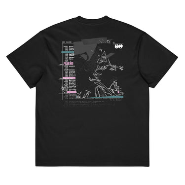 Back view of a box tee in Black. A large collaged graphic fills the back: a ruled record card labelled "ONI BLOOD", "NAME" and "POSITION AND RANK" in small white capitals, its name line filled in with pink Japanese characters over a faint column of typewritten Latin plant names struck through with pink and teal highlighter bars. Beside it, an expressive white line drawing of a figure with a long bladed polearm sits over halftone shading and translucent dark panels.