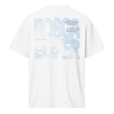 Back view of a box tee in white. Oversized stacked lettering spelling "ROSCAELIFER" fills the upper back, the letterforms knocked out of a pale blue cloudscape. A numbered index runs alongside it in small grey type, from "01 ORDER" through "06 EXECUTIVE", with fine print reading "a porcelain standard" and "case status: open". An airy, editorial, graphic-forward layout.