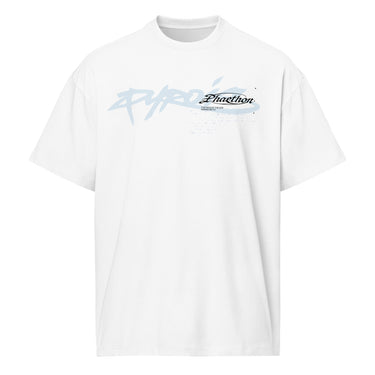 Front view of a box tee in white. A stylized wordmark across the chest paired with a small emblem-style logo, layered over faint scratchy handwritten script, with a single legible line reading 'the rays of the sun warms me so' beneath it.