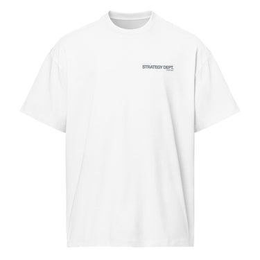 Front view of a box tee in white. A small right-chest graphic in slate grey and pale blue reads 'External' above 'STRATEGY DEPT.', with 'Chief Tech' beneath, set in condensed technical type flanked by tiny aircraft glyphs.