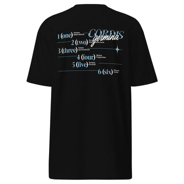 Back view of an t-shirt in black. Design is a structured typographic design across the upper back. The composition features a numbered sequence from one to six, each paired with Latin or pseudo-Latin text. The layout is horizontal with thin dividing lines and varied type treatments, creating a grid-like visual system.