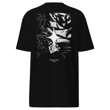 Back view of an t-shirt in black. The design showcases a large, intricate graphic centered on the upper back. A radiant, four-point star form sits in the middle, surrounded by fragmented abstract shapes, and faint technical linework. Scattered numbers and coordinates appear along the right side, adding a coded, data-driven atmosphere. At the bottom of the composition, serif text reads “Verse & Vow,” followed by the word “genesis” in delicate handwritten script.