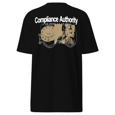 Back view of an t-shirt in black. A large graphic composition spans the upper back, featuring the phrase “Compliance Authority” in bold at the top, with a date range centered beneath it. Below, a rectangular collage combines a textured illustration of a dial-like object and a stylized figure, framed by vertical bars with additional characters. Thin linework of symmetrical wings extends outward from the bottom edge of the collage, adding contrast to the overall layered design.
