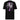 Back view of a T-Shirt in Black. Large expressive brush-script lettering reading "aWolf" spans the upper back, layered over a color-blocked stripe panel with fine linework illustration behind it. Beside it, a small graffiti-style character mark for "终焉" (Finality) sits next to vertical HUD-style readout text: "LOGIN SUCCESSFUL," "NO PATCH NOTES >>," and "INPUT FINALIZED..."