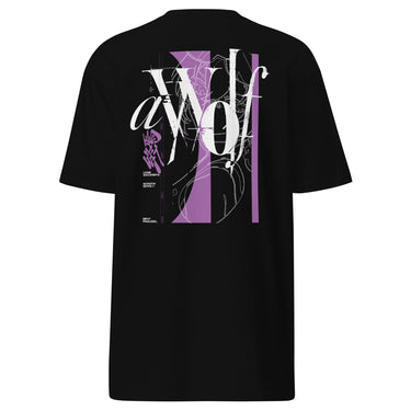 Back view of a T-Shirt in Black. Large expressive brush-script lettering reading "aWolf" spans the upper back, layered over a color-blocked stripe panel with fine linework illustration behind it. Beside it, a small graffiti-style character mark for "终焉" (Finality) sits next to vertical HUD-style readout text: "LOGIN SUCCESSFUL," "NO PATCH NOTES >>," and "INPUT FINALIZED..."