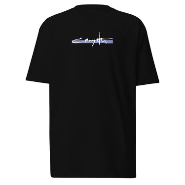 Front view of an t-shirt in black. Design showcases the word "Cerydra" in a stylized white script over a blue underline across the chest. Accompanied by "Rule Sundered"