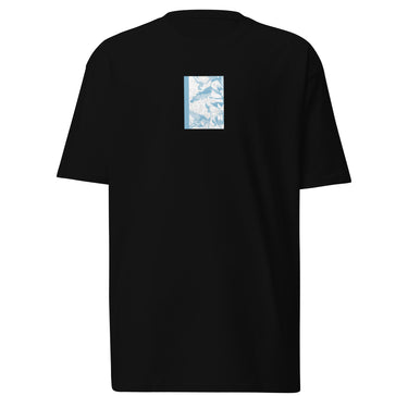 Front view of an t-shirt in black. Design is a bitmapped illustration of Seed from Zenless Zone Zero, in a small centered rectangular graphic on the chest. The graphic is composed of light tones.