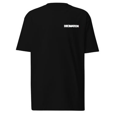 Front view of a t-shirt in black. A bold 'DECIMATION' wordmark sits on the left chest in crisp white type, with a small red sparkle accent stamped beside it.