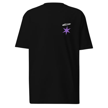 Front view of a t-shirt in black. A small graphic sits high on the left chest: a loose, hand-drawn halo ring in white tilted above a sharp six-pointed star in soft violet. Both shapes print flat, the ring's brushed edges left rough and unfinished.