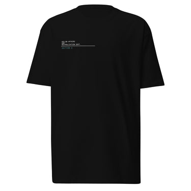 Front view of a t-shirt in Black. A small block of type sits high on the chest: three lines of white monospaced capitals reading "HOLLOW AFFAIRS AND NEUTRALIZATION DEPT." above a thin white rule, with "SECTION 6" set beneath it in muted teal.